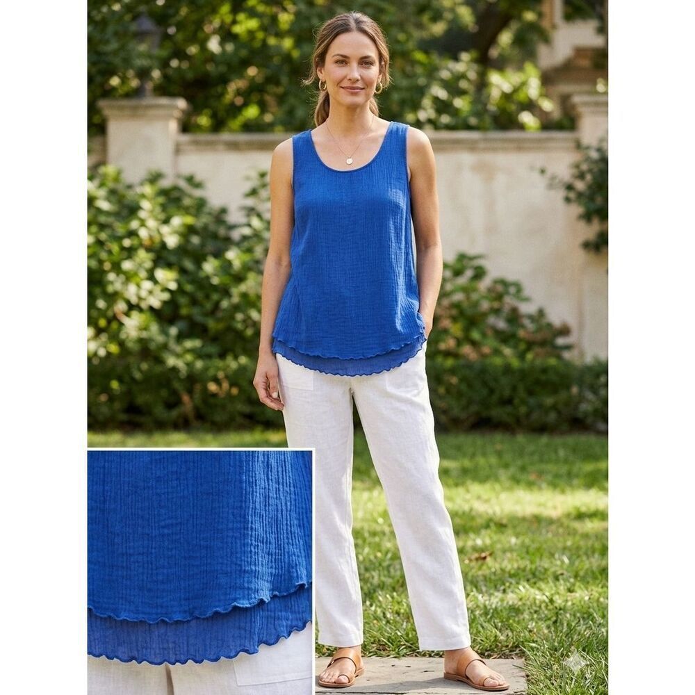 Soft Surroundings Cobalt Blue 100% Cotton Gauze Layered Tank Top - Size S